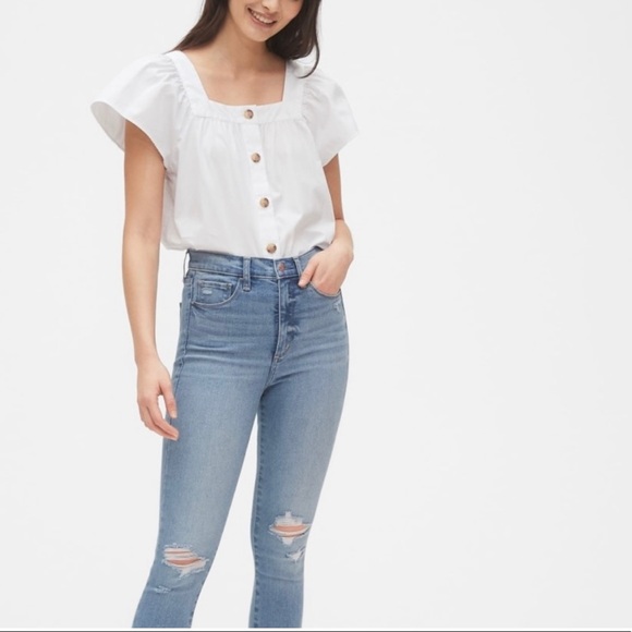 GAP | Crisp Ditsy FLORAL Square Neckline Short Flare Sleeves Button Placket Top - Picture 2 of 14